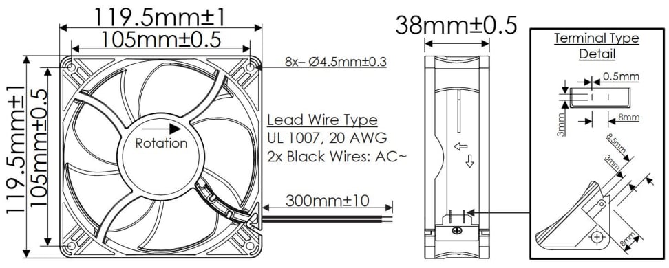 Mechanical Drawing - Orion Fans OA109Y Series Plastic Frame 120mm AC Fans